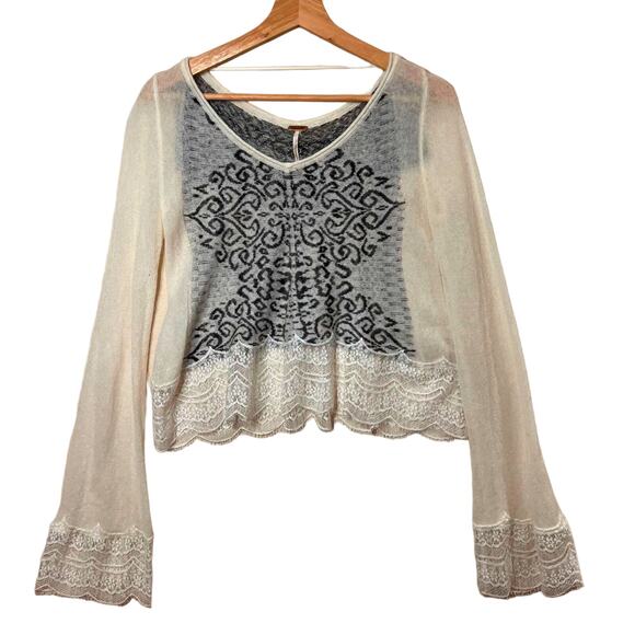 Free People Crop V Neck Sweater Wool Angora Alpaca Blend Lace Trim White Comb - Picture 1 of 8